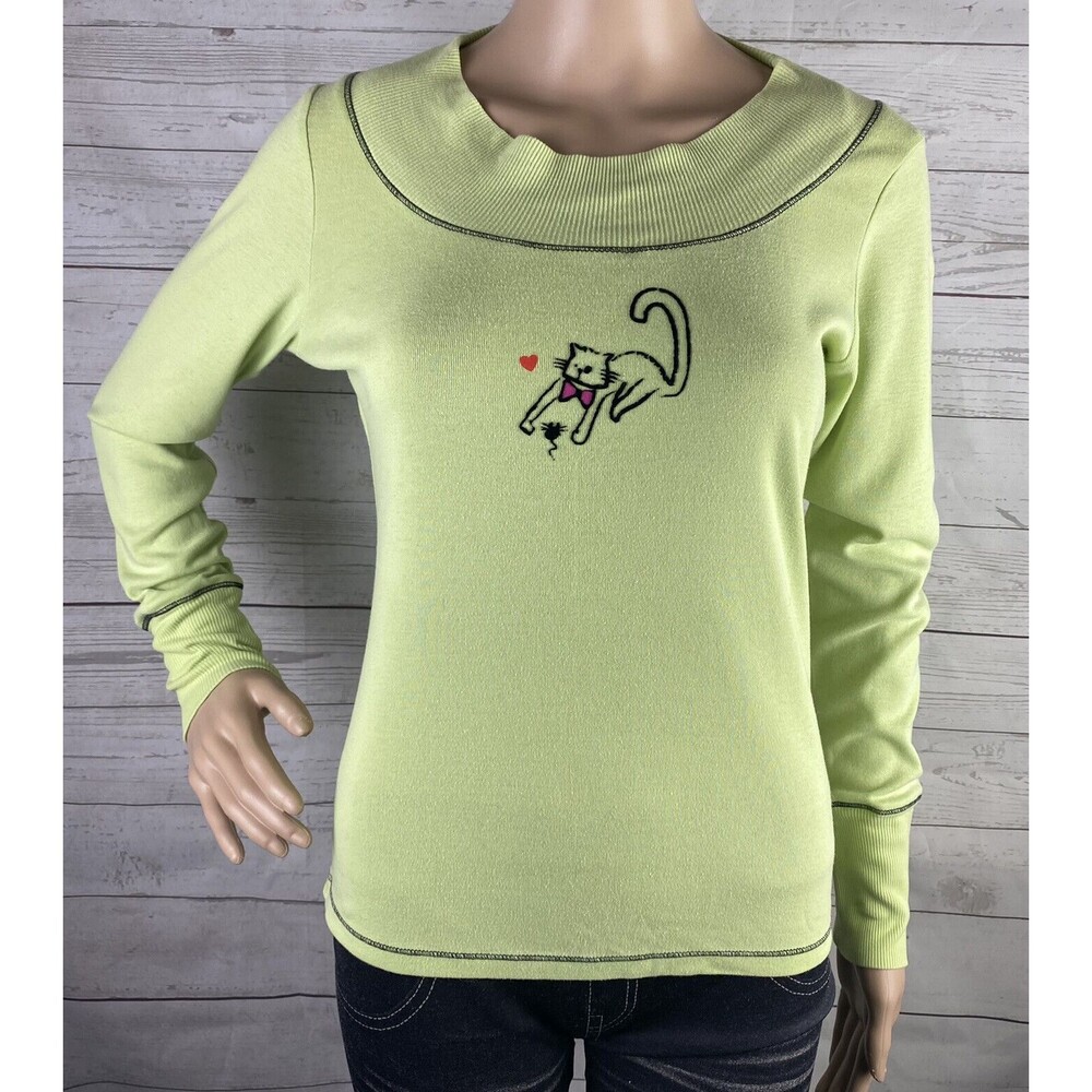 HUE Shirt Small Lime Green Black Cat Velvet Print Pink Bow Cute Unique Casual